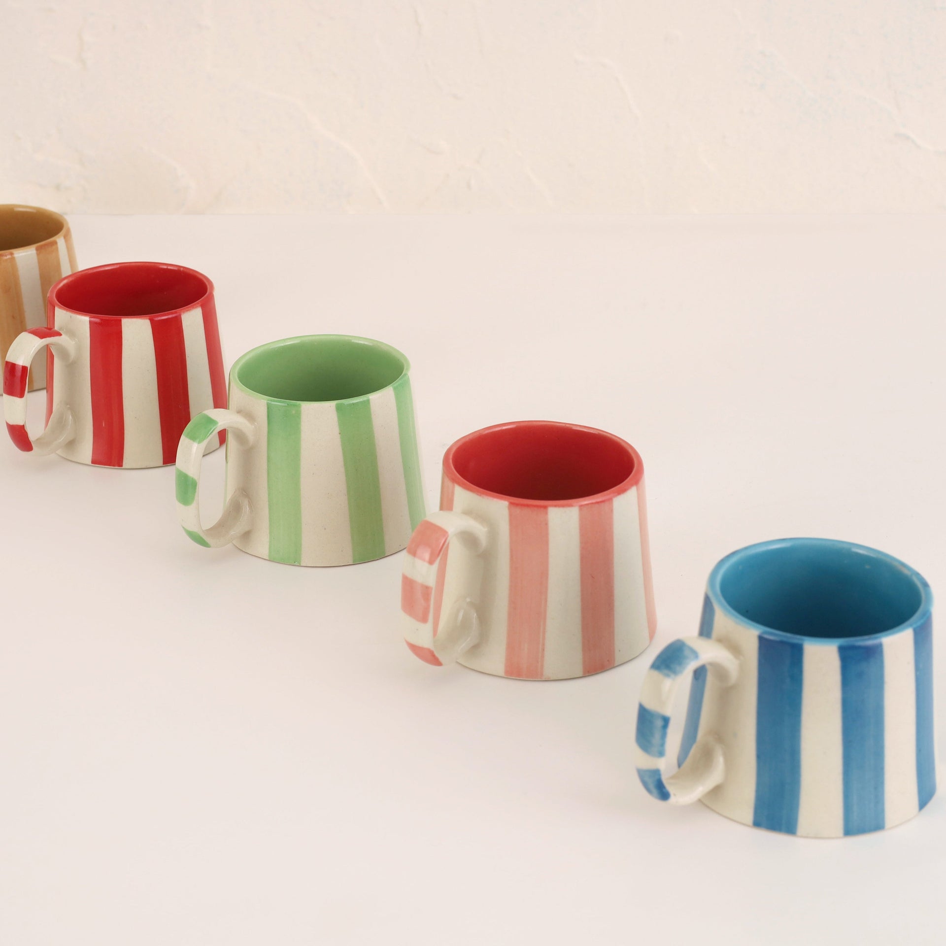 Ceramic Blue Stripe Coffee Cup, 220ml – Handmade, Set of 4