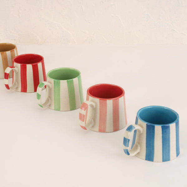 Ceramic Red Stripe Coffee Cup, 220ml – Handmade, Set of 4