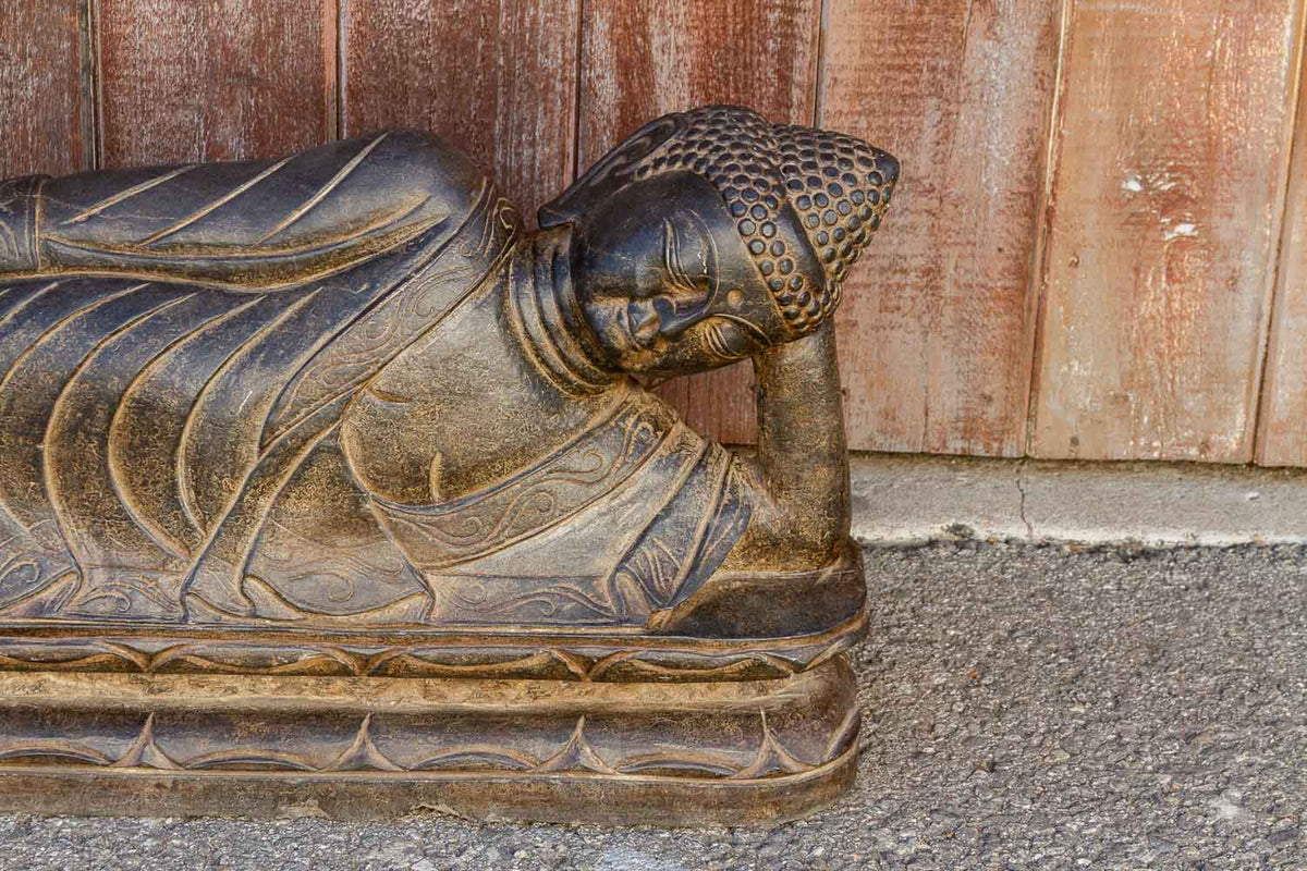 Black Stone Asian Reclining Carved Buddha