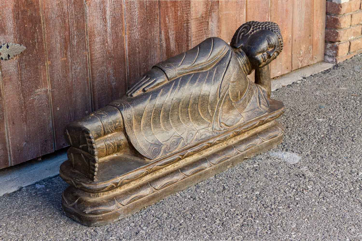 Black Stone Asian Reclining Carved Buddha