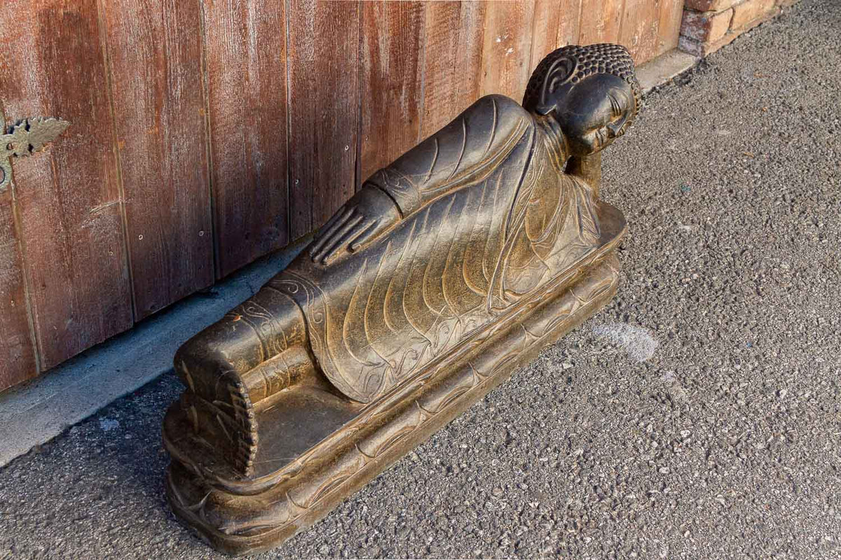 Black Stone Asian Reclining Carved Buddha