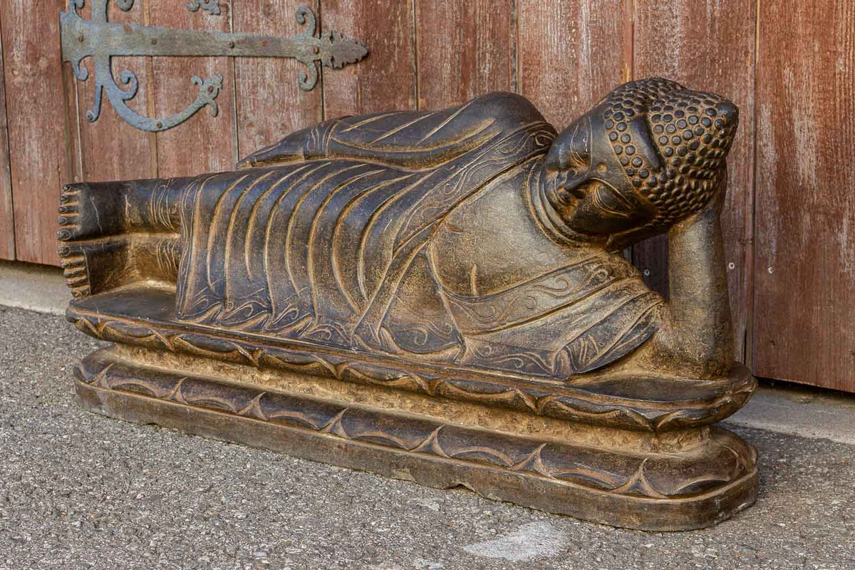 Black Stone Asian Reclining Carved Buddha