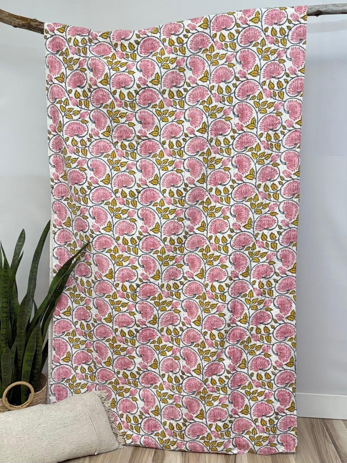 Lotus Dreams Light Block Print Cotton Kantha Quilt