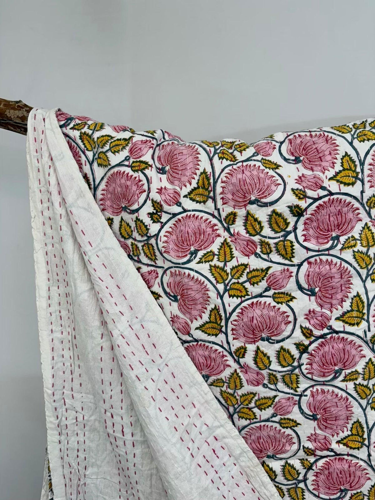Lotus Dreams Light Block Print Cotton Kantha Quilt