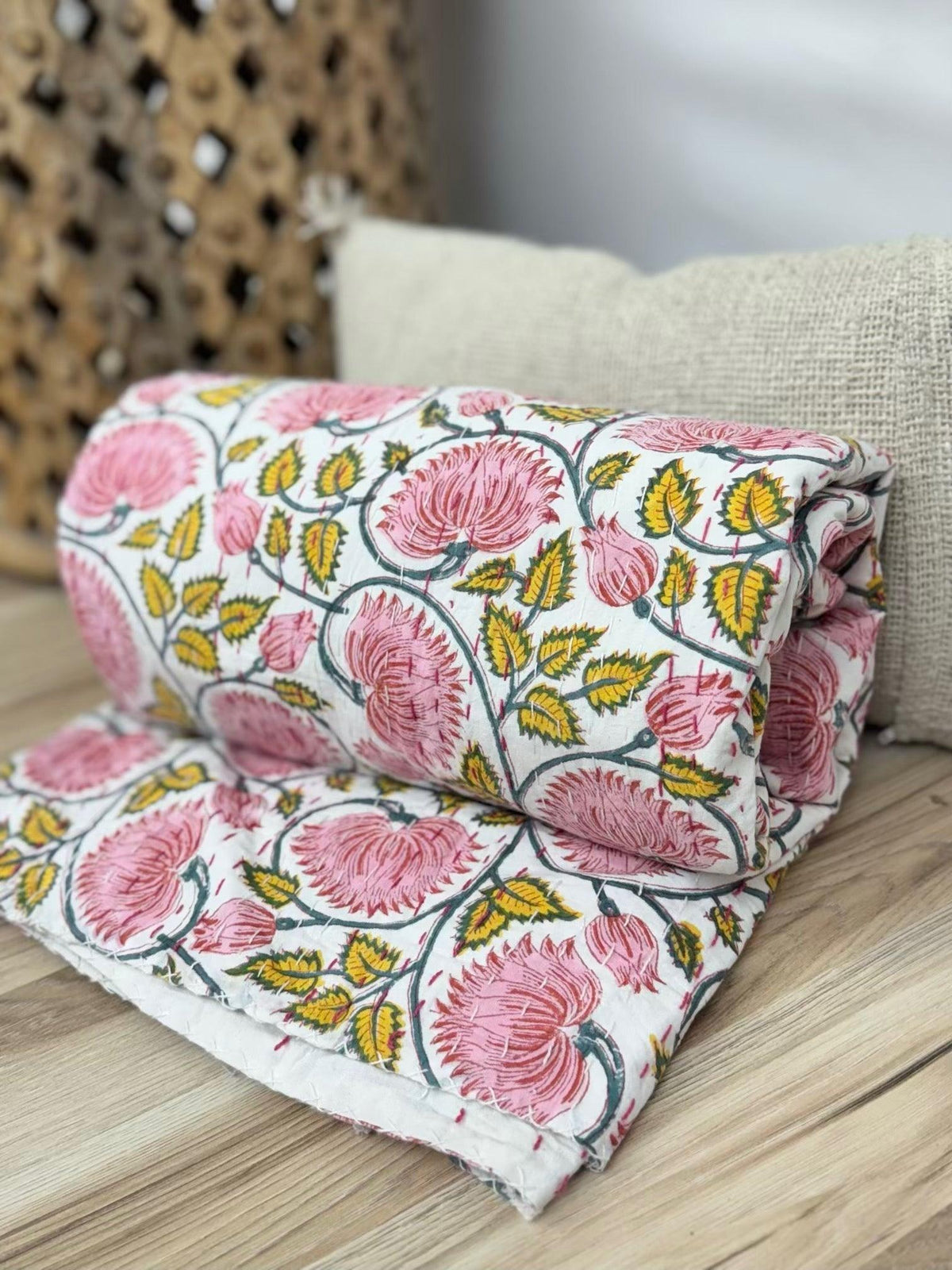 Lotus Dreams Light Block Print Cotton Kantha Quilt