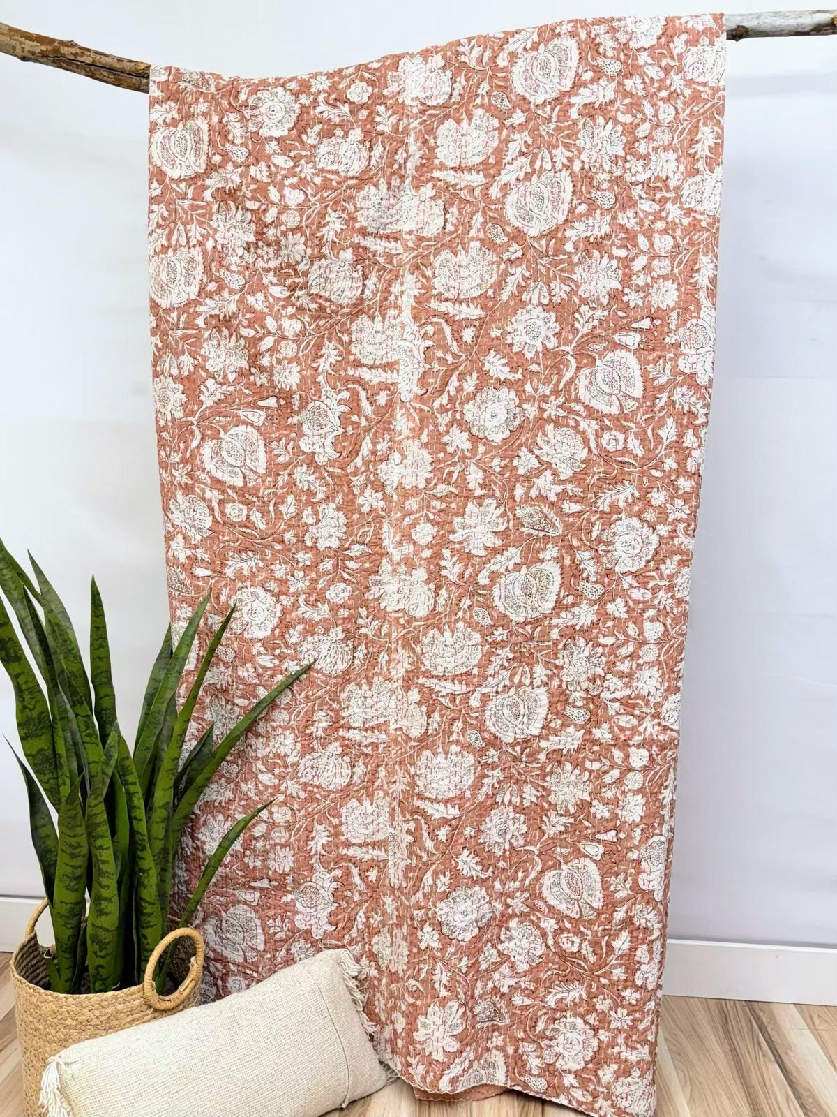 Heritage Blooms Terracotta Block Print Cotton Kantha Quilt