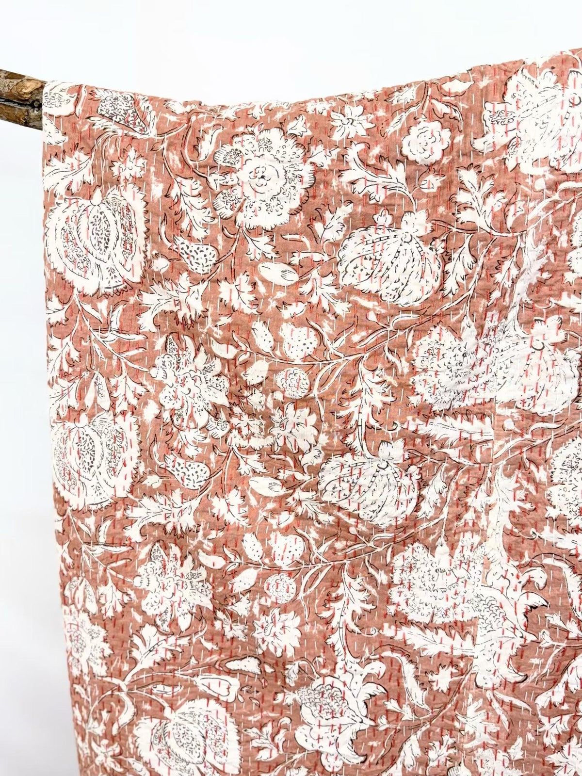 Heritage Blooms Terracotta Block Print Cotton Kantha Quilt