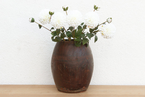 Antique Patinated Espresso Brown Barrel Pot