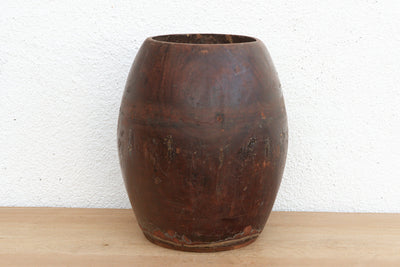 Antique Patinated Espresso Brown Barrel Pot