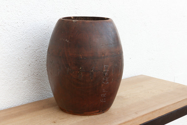 Antique Patinated Espresso Brown Barrel Pot