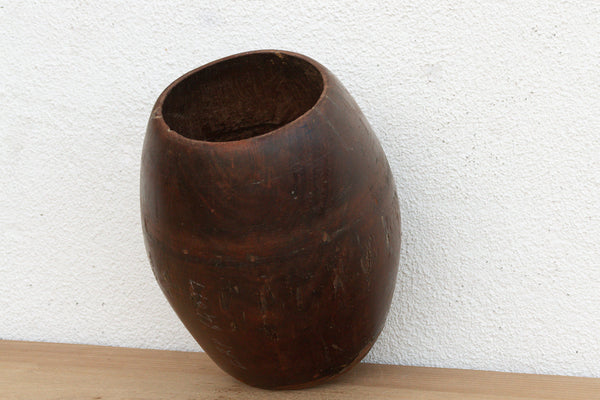 Antique Patinated Espresso Brown Barrel Pot