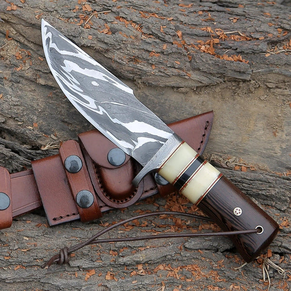 Nova Damascus Hunting Knife with Bone & Exotic Wenge Wood Handle - Gifts for You 'n Me