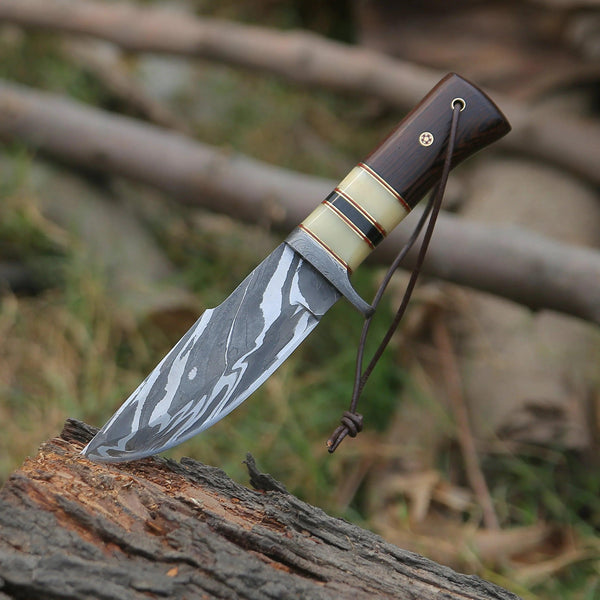Nova Damascus Hunting Knife with Bone & Exotic Wenge Wood Handle - Gifts for You 'n Me
