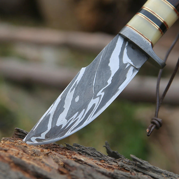 Nova Damascus Hunting Knife with Bone & Exotic Wenge Wood Handle - Gifts for You 'n Me