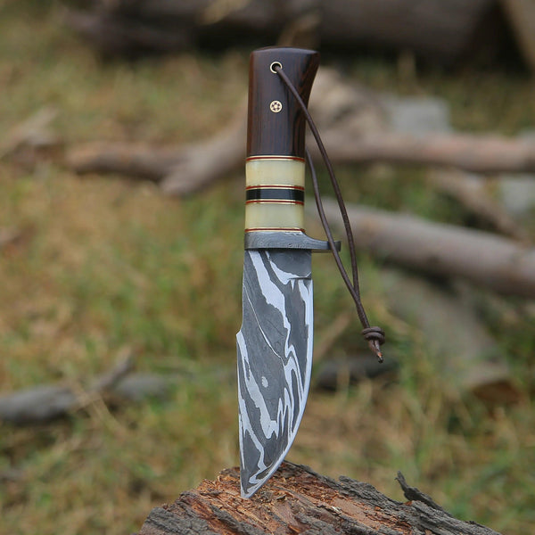 Nova Damascus Hunting Knife with Bone & Exotic Wenge Wood Handle - Gifts for You 'n Me