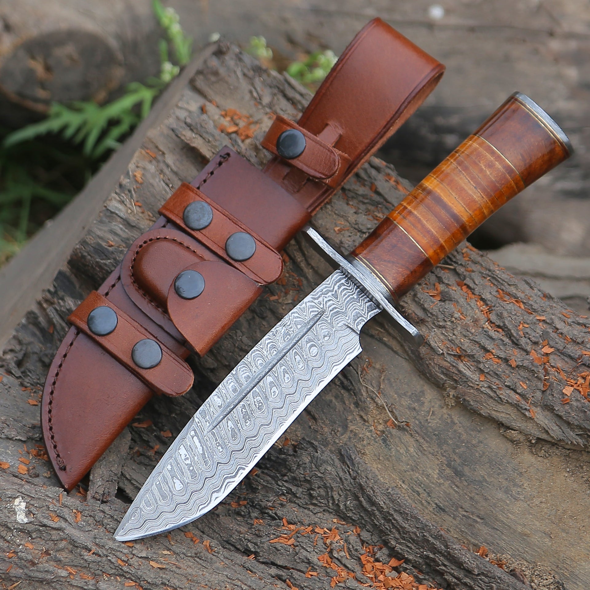 Rambo Bowie Knife with Exotic Rosewood & Stacked Leather Handle Shokunin USA