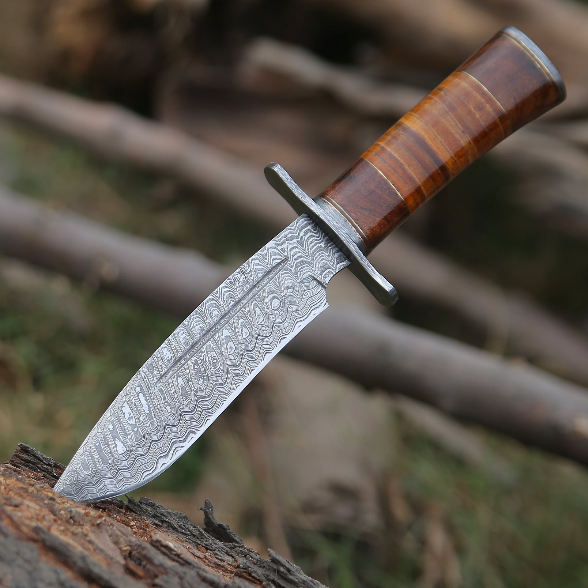 Rambo Bowie Knife with Exotic Rosewood & Stacked Leather Handle Shokunin USA
