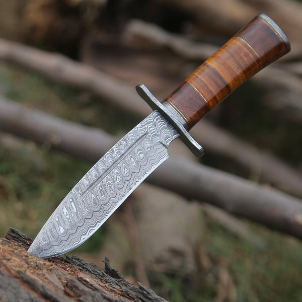 Rambo Bowie Knife with Exotic Rosewood & Stacked Leather Handle Shokunin USA