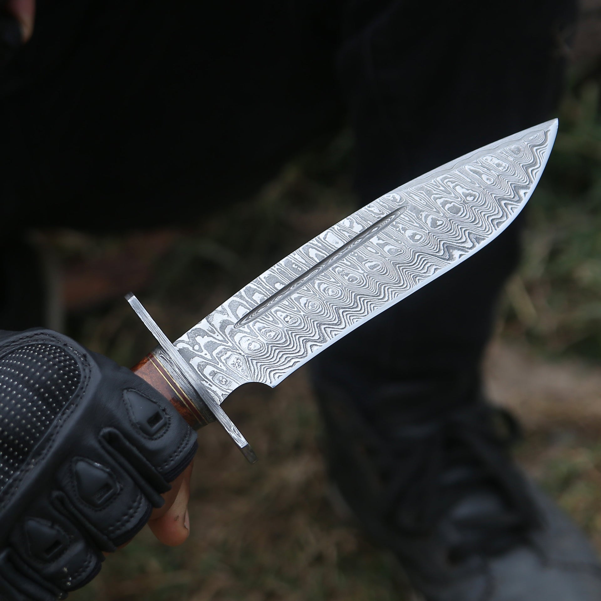 Rambo Bowie Knife with Exotic Rosewood & Stacked Leather Handle Shokunin USA