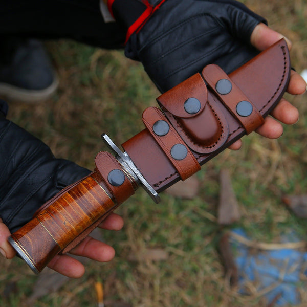 Rambo Bowie Knife with Exotic Rosewood & Stacked Leather Handle Shokunin USA