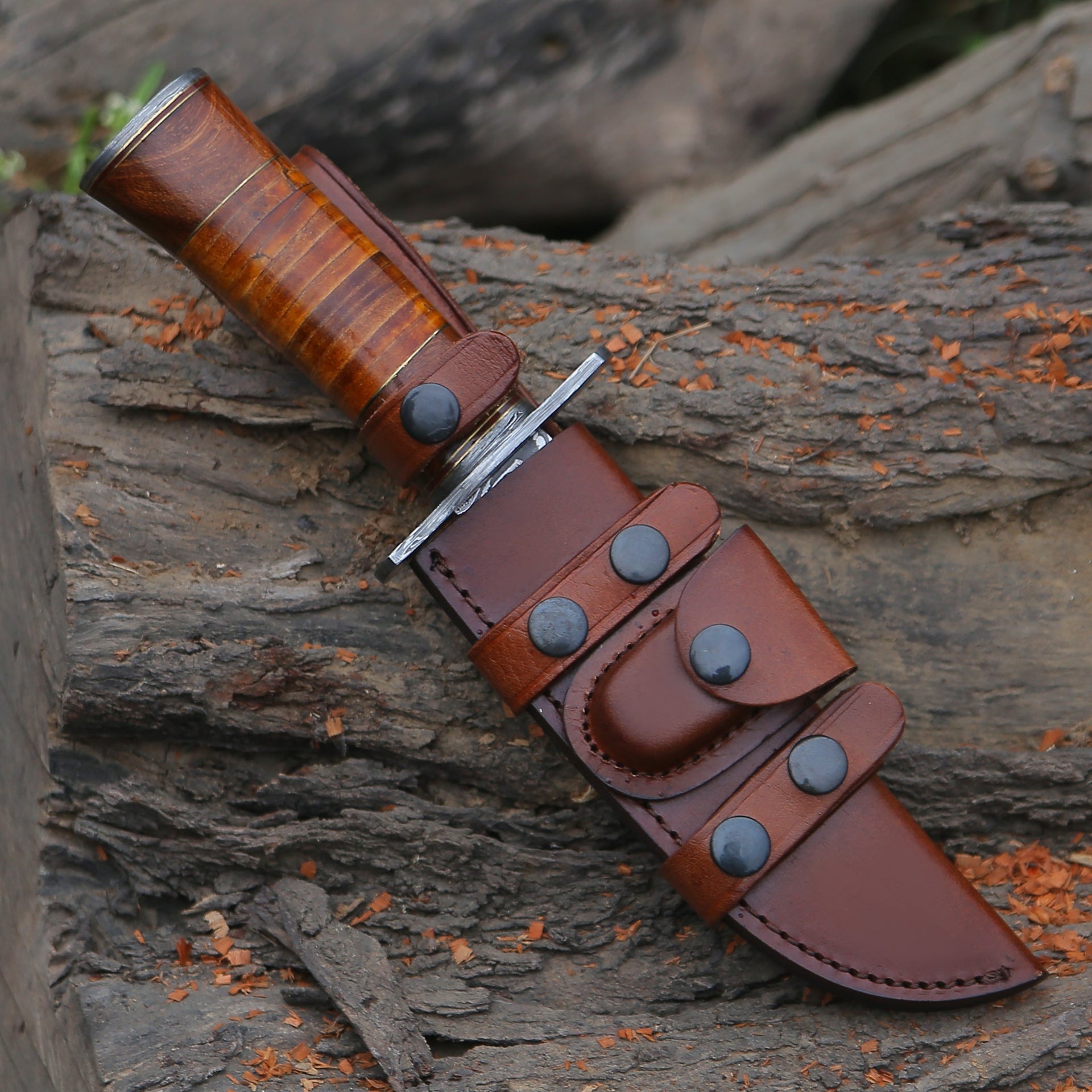 Rambo Bowie Knife with Exotic Rosewood & Stacked Leather Handle Shokunin USA