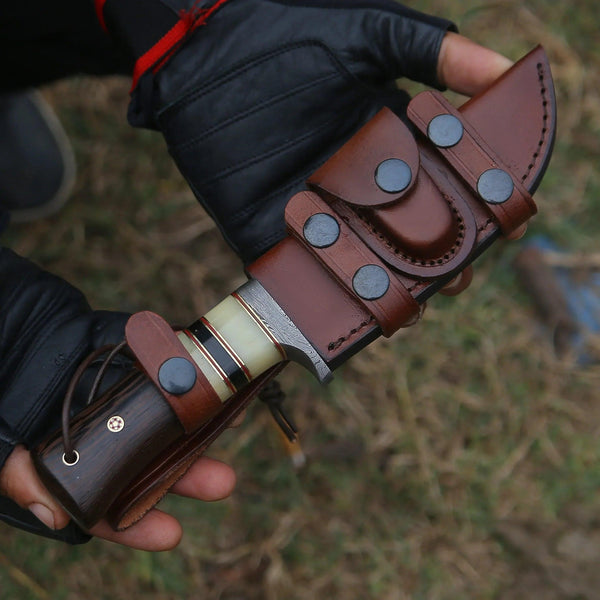 Nova Damascus Hunting Knife with Bone & Exotic Wenge Wood Handle - Gifts for You 'n Me