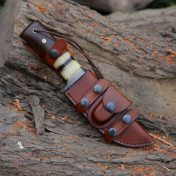 Nova Damascus Hunting Knife with Bone & Exotic Wenge Wood Handle - Gifts for You 'n Me