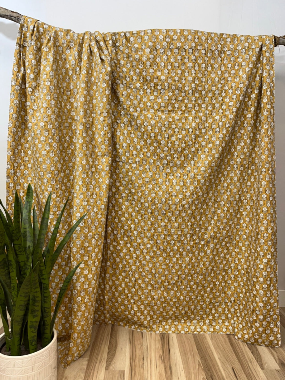 Mustard Yellow Flowers Block Print Cotton Kantha Quilt (Events)