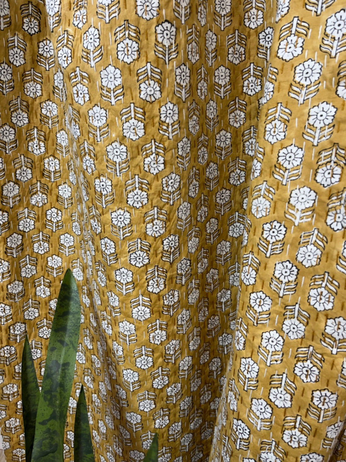 Mustard Yellow Flowers Block Print Cotton Kantha Quilt (Events)