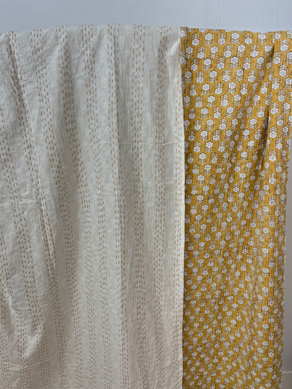 Mustard Yellow Flowers Block Print Cotton Kantha Quilt (Events)