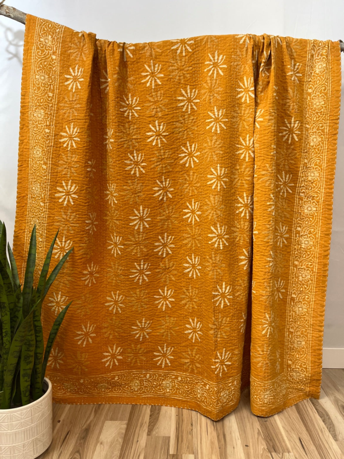 Yellow Daisy Pops Block Print Cotton Kantha Quilt (Events)