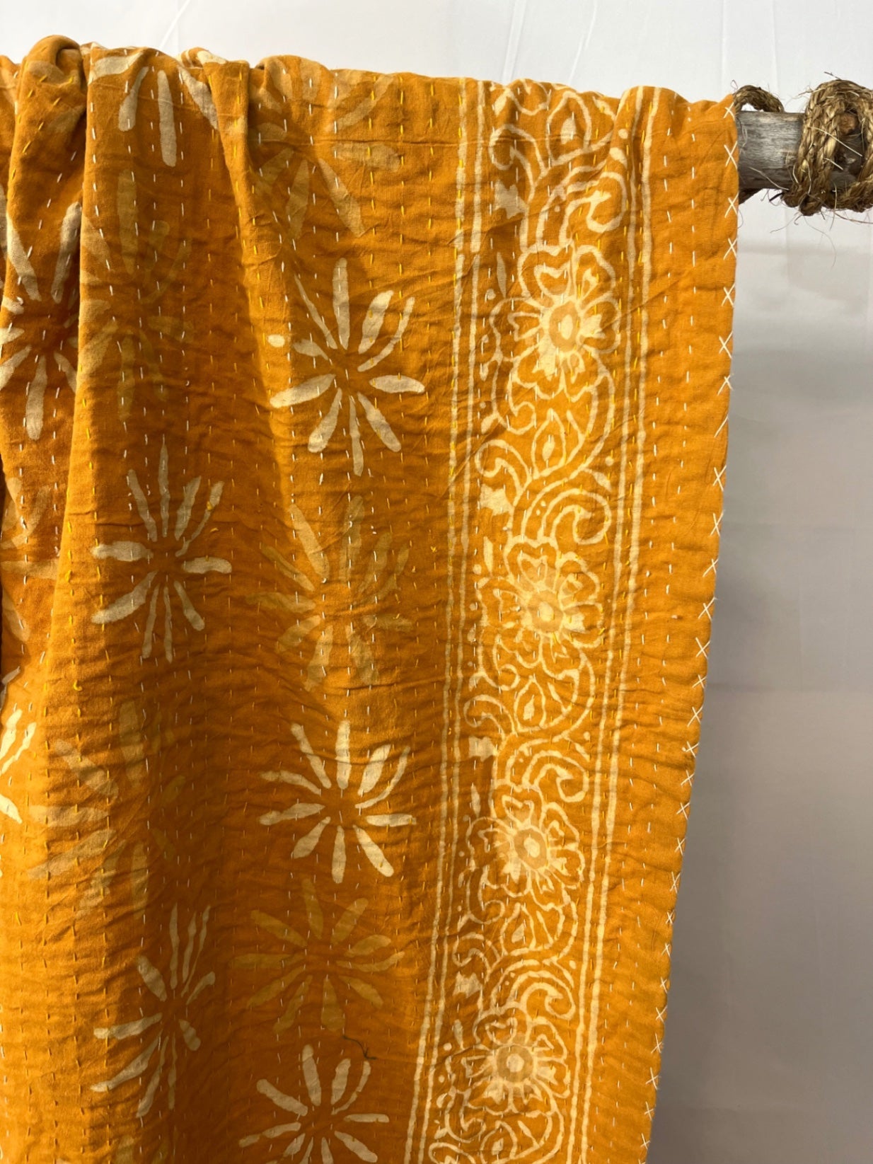 Yellow Daisy Pops Block Print Cotton Kantha Quilt (Events)