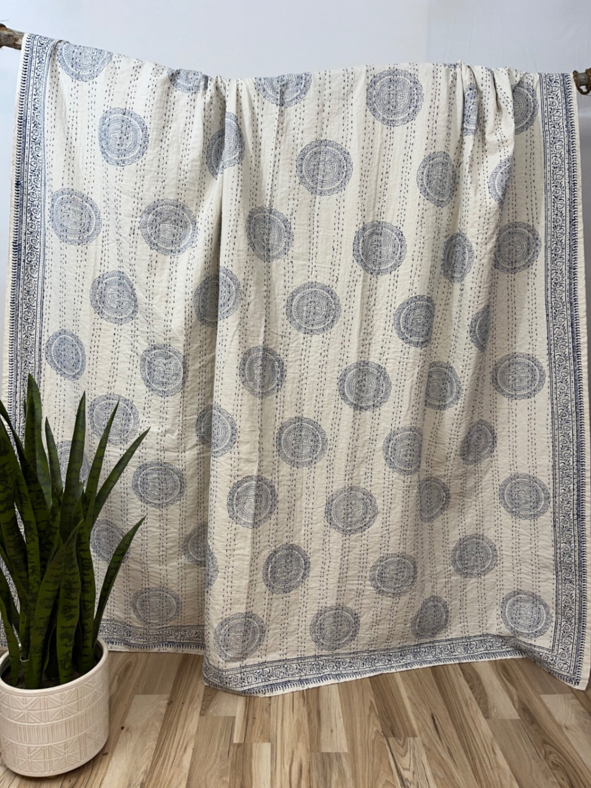 Navy Mandala Block Print Cotton Kantha Quilt