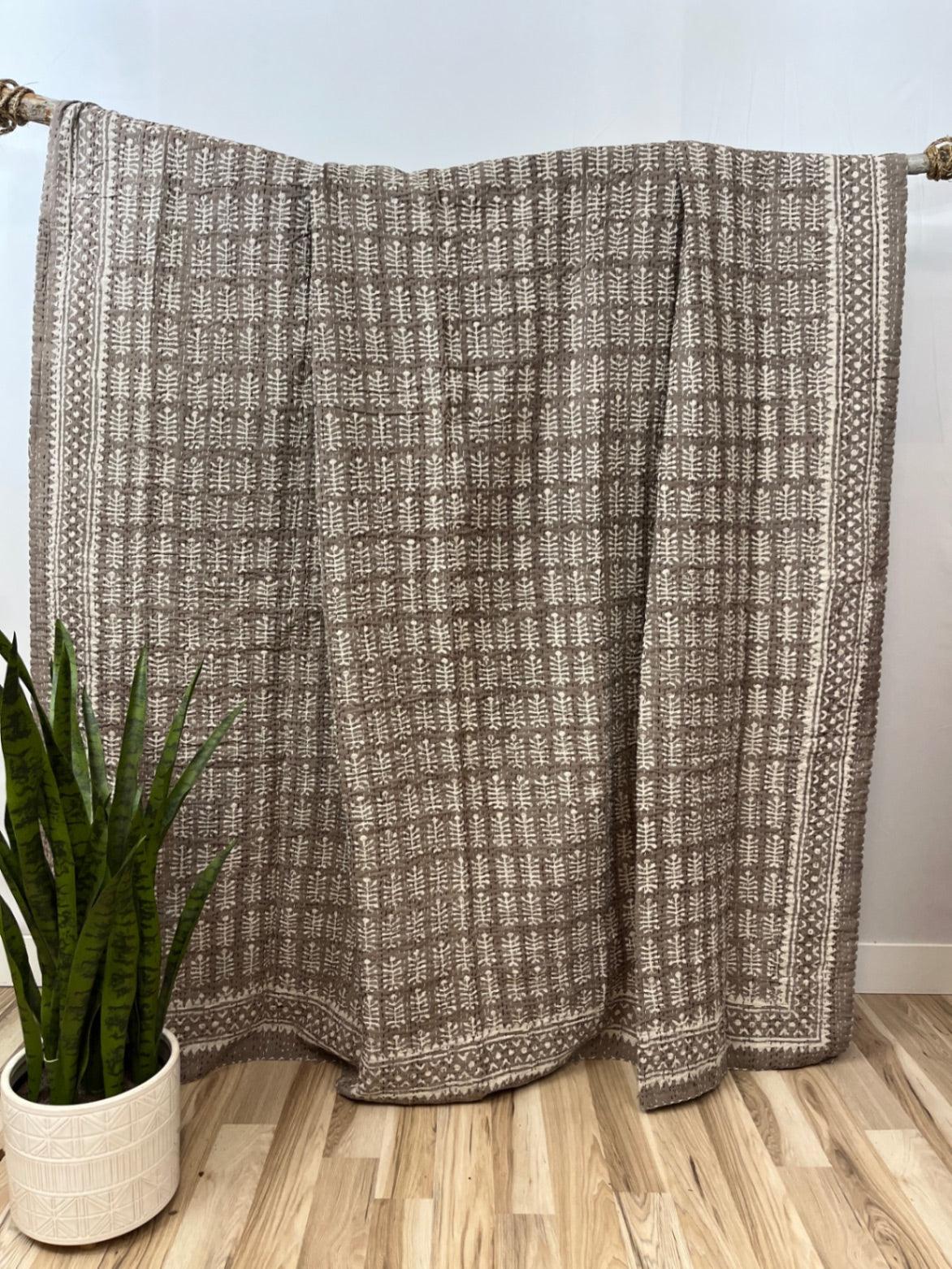 Sundari Sandstorm Block Print Cotton Kantha Quilt