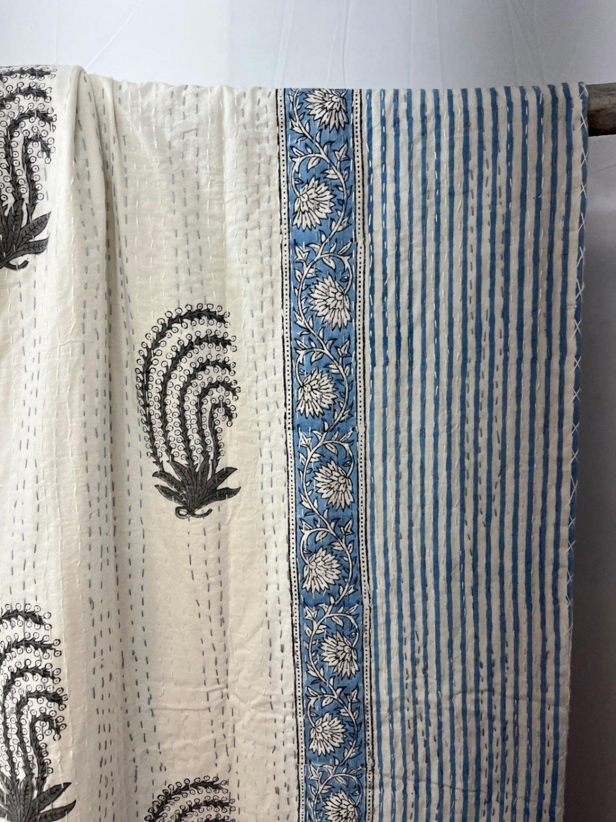 Blue Ferns Block Print Cotton Kantha Quilt (Events)