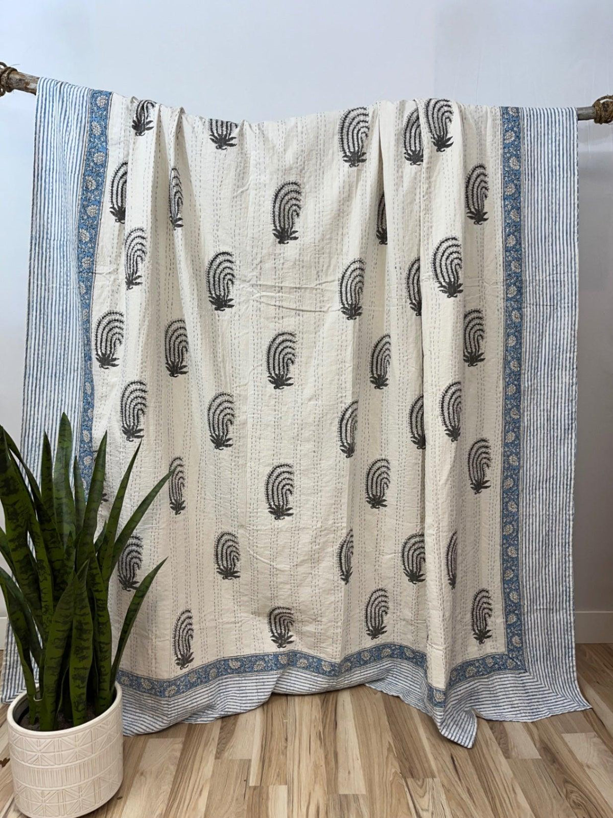 Blue Ferns Block Print Cotton Kantha Quilt (Events)