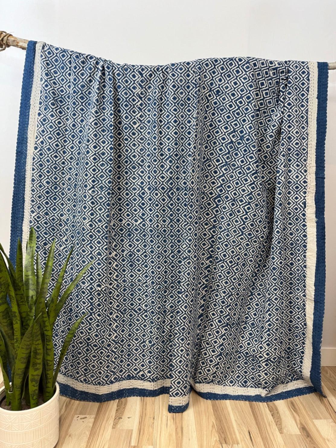 Indigo Diamonds Block Print Cotton Kantha Quilt (Events)