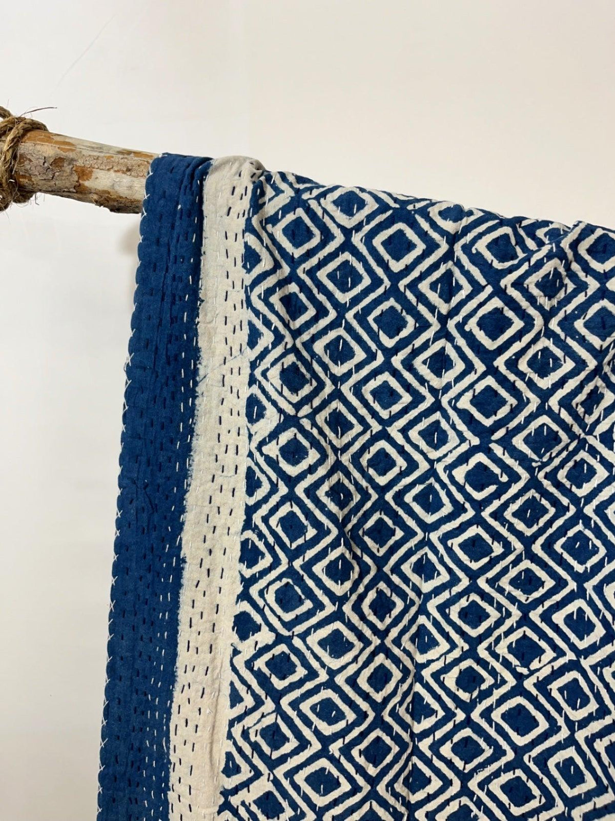 Indigo Diamonds Block Print Cotton Kantha Quilt (Events)