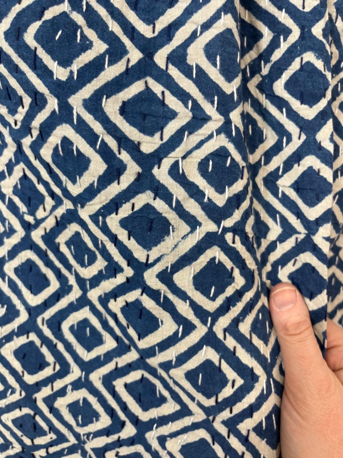 Indigo Diamonds Block Print Cotton Kantha Quilt (Events)