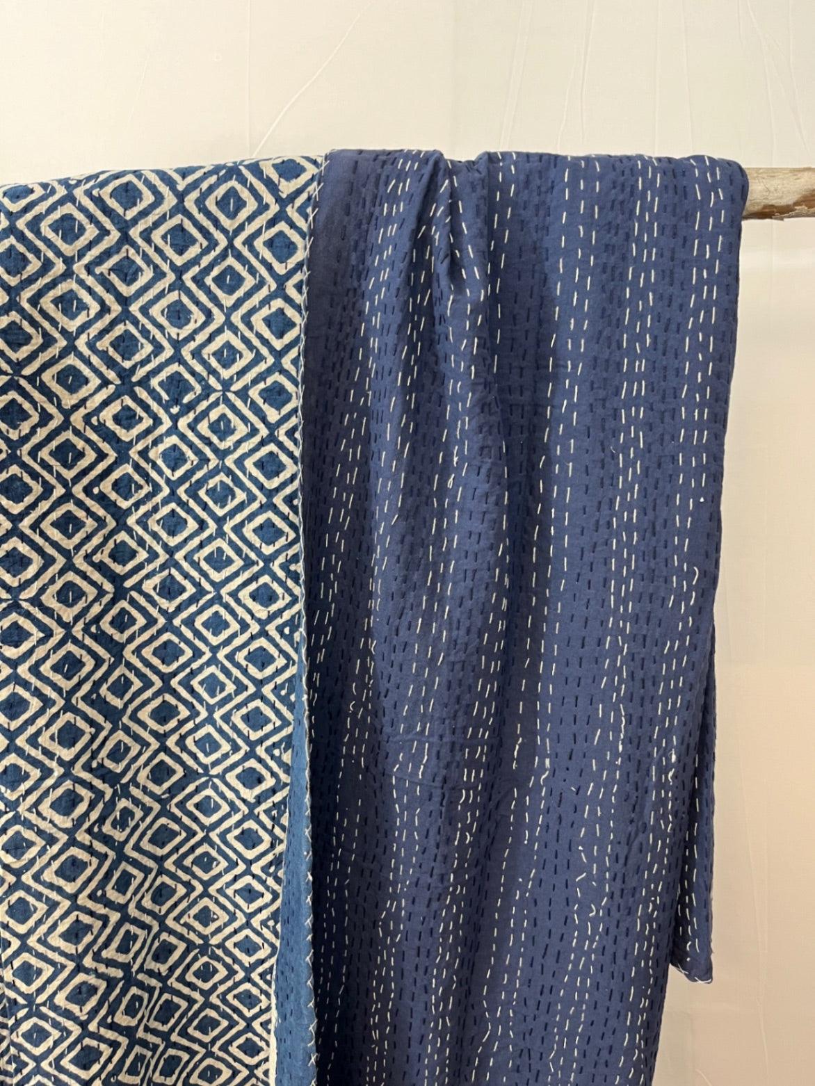 Indigo Diamonds Block Print Cotton Kantha Quilt (Events)