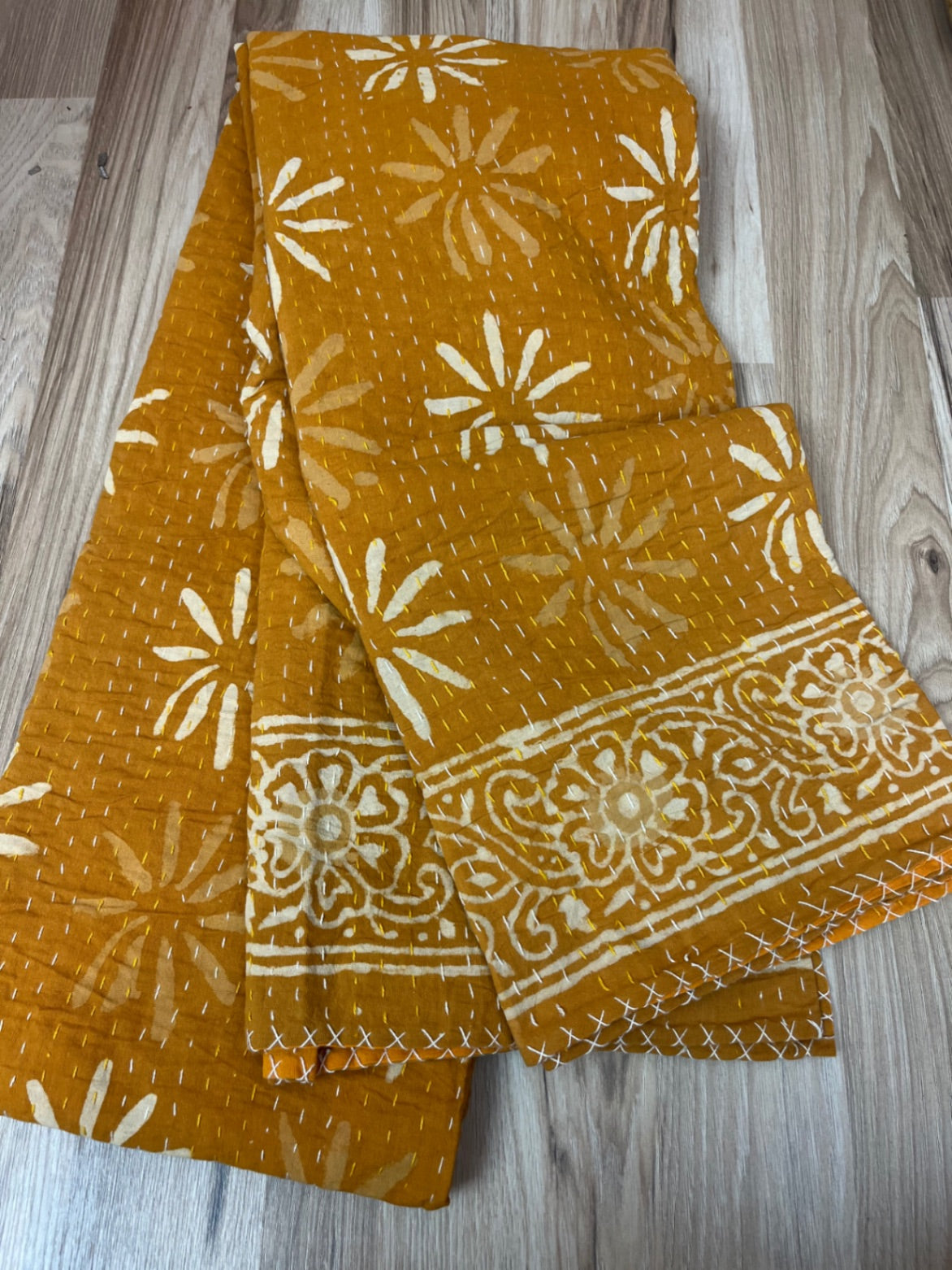 Yellow Daisy Pops Block Print Cotton Kantha Quilt (Events)