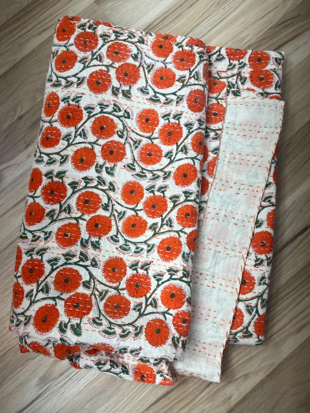 Orange Poppies Block Print Cotton Kantha Quilt (Events)
