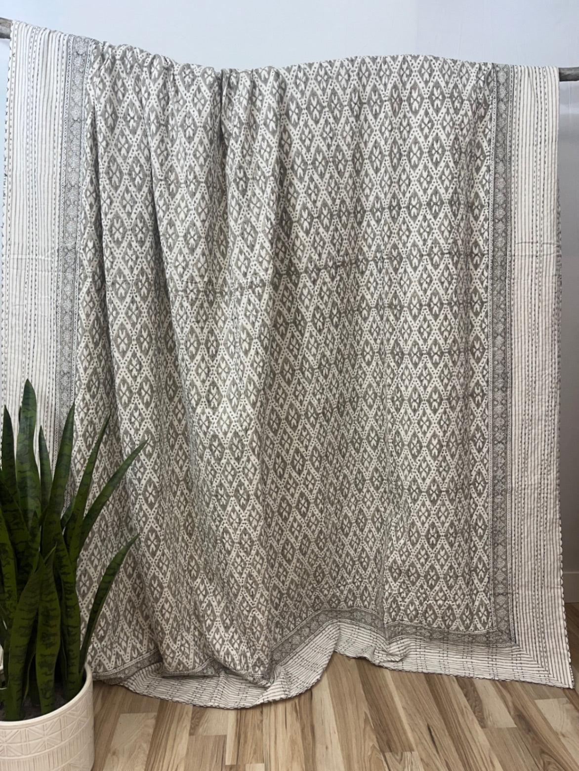 Mandira Weave Block Print Cotton Kantha Quilt
