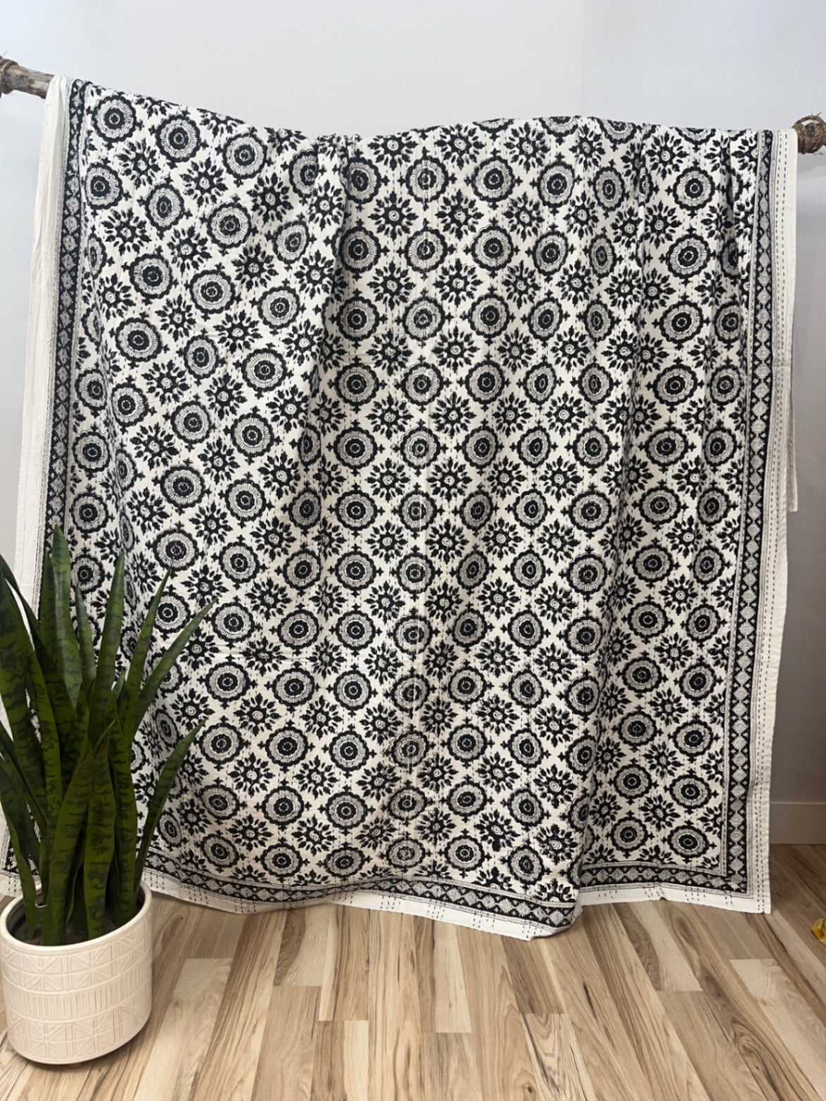 Black Burst Block Print Cotton Kantha Quilt
