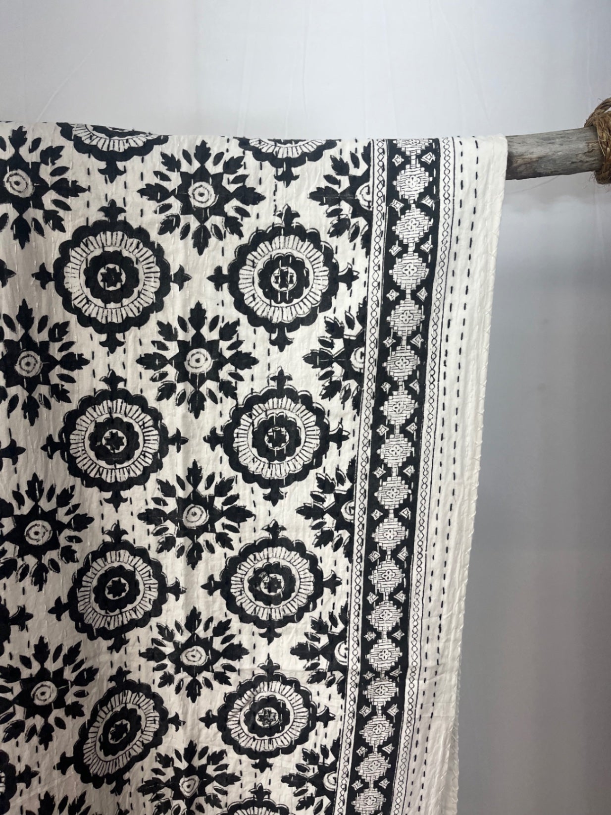 Black Compass Block Print Cotton Kantha Quilt (Events)