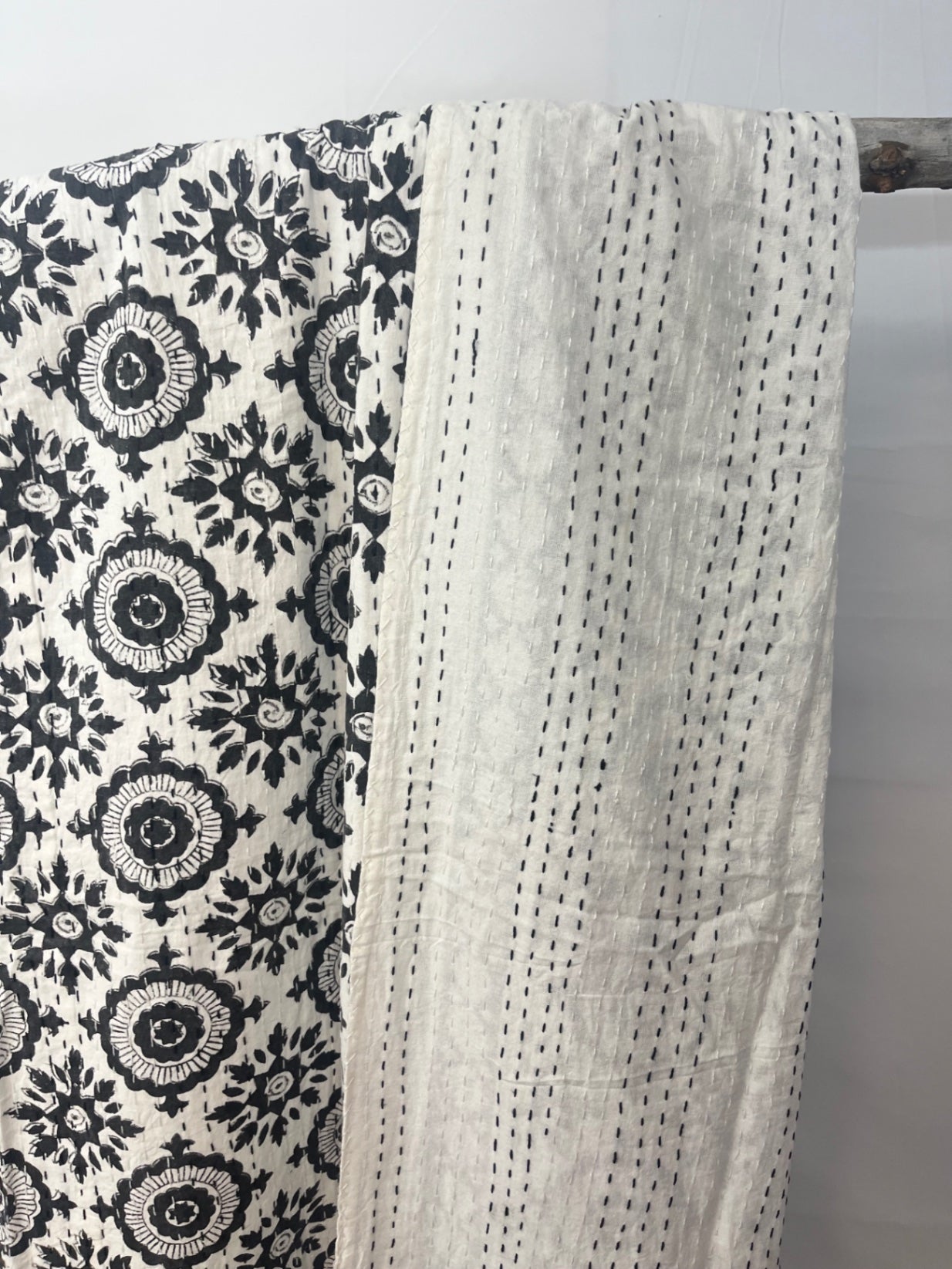 Black Compass Block Print Cotton Kantha Quilt (Events)