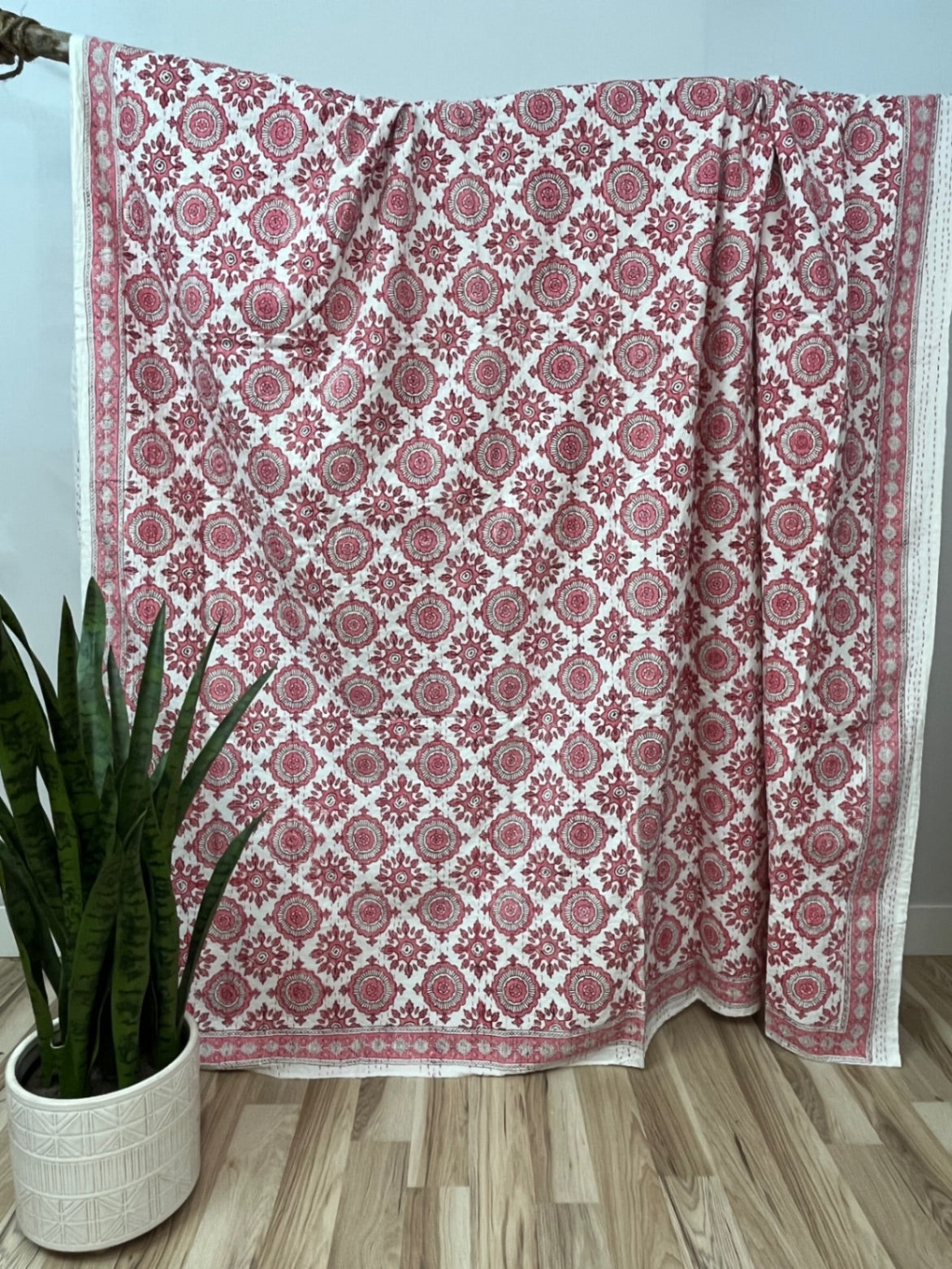 Pink Compass Block Print Cotton Kantha Quilt (Events)