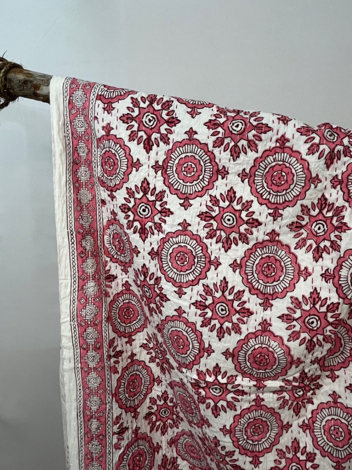 Pink Compass Block Print Cotton Kantha Quilt (Events)
