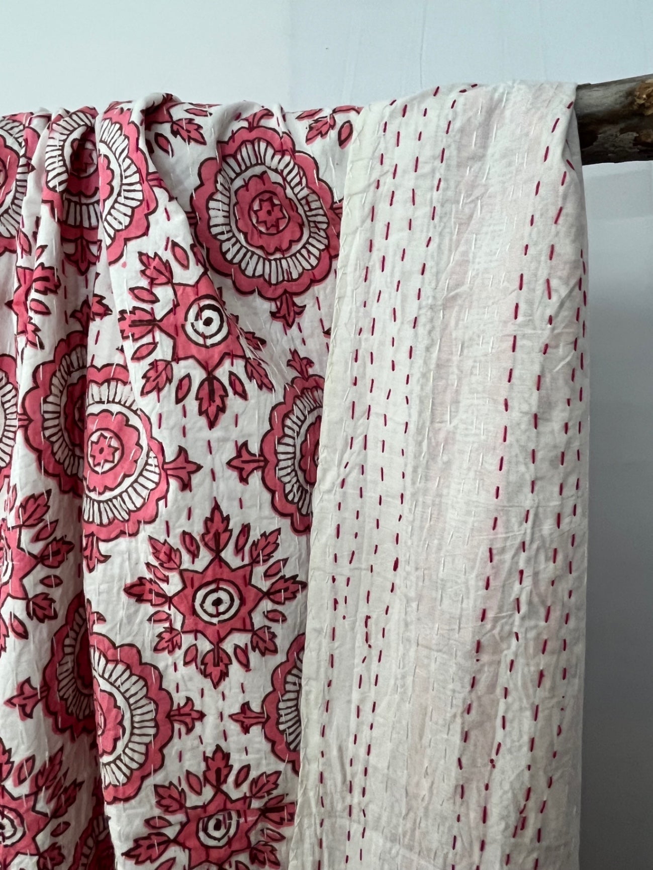 Pink Compass Block Print Cotton Kantha Quilt (Events)