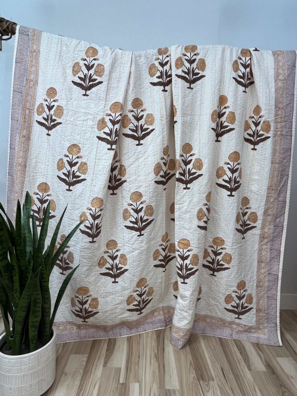 Dandelions on White Block Print Cotton Kantha Quilt (Events)